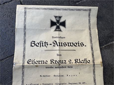 Iron Cross 2nd Class Document, WW1