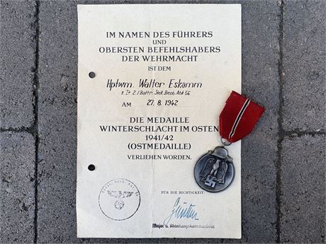German WWII Eastern Front Medal with Award Document